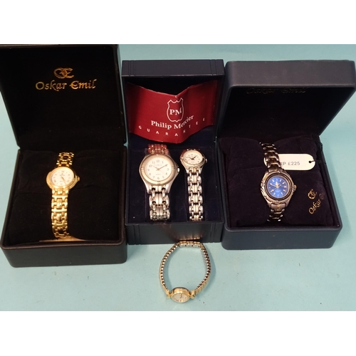 307 - Omega, a lady's gold-plated vintage wrist watch, a Philip Mercer two-watch set, (boxed) and two Oska... 