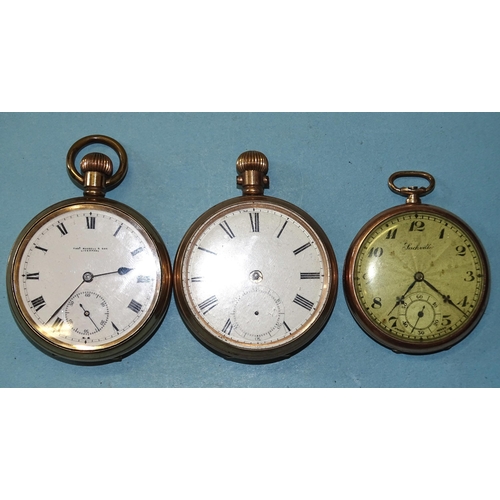 308 - Thomas Russell & Son, a gold-plated keyless pocket watch, 5cm, (not working) and two other gold-... 