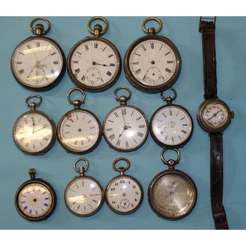 310 - A collection of ten silver-cased open-face pocket watches, an empty watch case and a silver-cased la... 