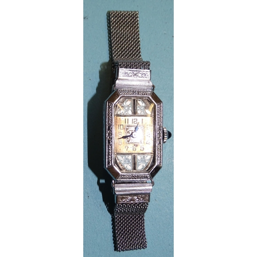 317 - A Benrus Art-Deco-style wrist watch, the square gilt face between floral enamelled panels, in white-... 