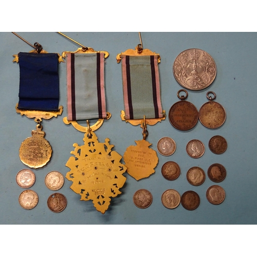 333 - Two silver Buffaloes Masonic jewels, various silver 3D coins and other items.