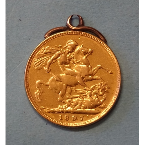 350 - A Queen Victoria 1897 sovereign with soldered pendant mount, 8.7g.