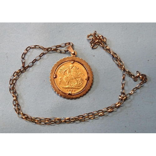 352 - A Queen Victoria 1899 half-sovereign in 9ct gold pendant mount, on unmarked belcher-link chain with ... 