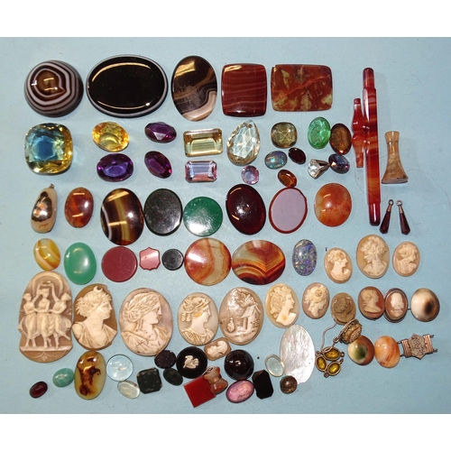 357 - A quantity of polished hardstones, cut quartz, paste and other stones, unmounted cameos, etc.... 