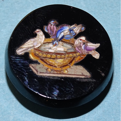 372 - A micro-mosaic lapel button depicting the Doves of Pliny, 22mm diameter, a 19th century oval jet bro... 