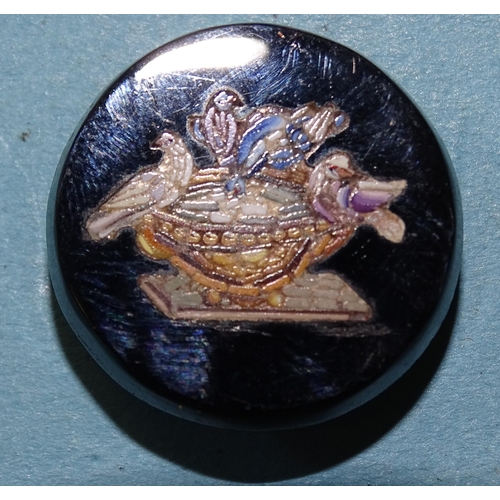 372 - A micro-mosaic lapel button depicting the Doves of Pliny, 22mm diameter, a 19th century oval jet bro... 