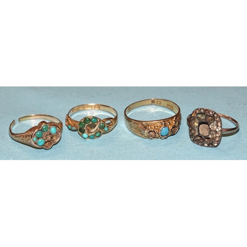 377 - Two Victorian 15ct gold rings set turquoise, (discoloured, some settings vacant), 4.9g, a gold ring,... 