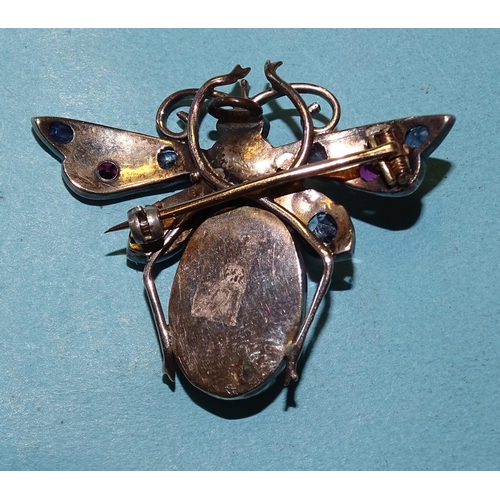 378 - A gem-set insect brooch with mabé pearl thorax and cabochon garnet abdomen, the wings set sap... 