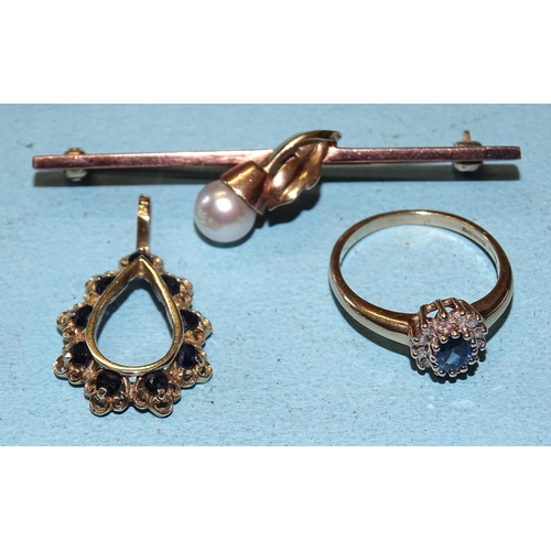 380 - A 9ct gold sapphire and white stone cluster ring, size J, a 9ct gold pendant of teardrop form set ni... 