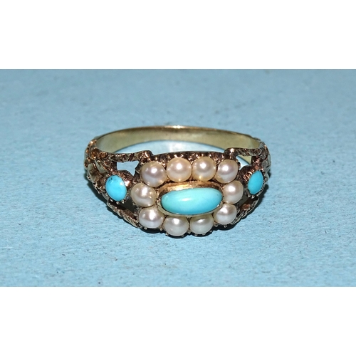 381 - An early-19th century turquoise and split-pearl cluster ring with carved floral shoulders, unmarked,... 