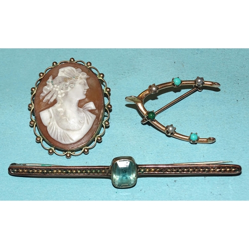 388 - An unmarked gold wishbone brooch set pearls and turquoise, (one discoloured), 3.4g, a 9ct gold-mount... 