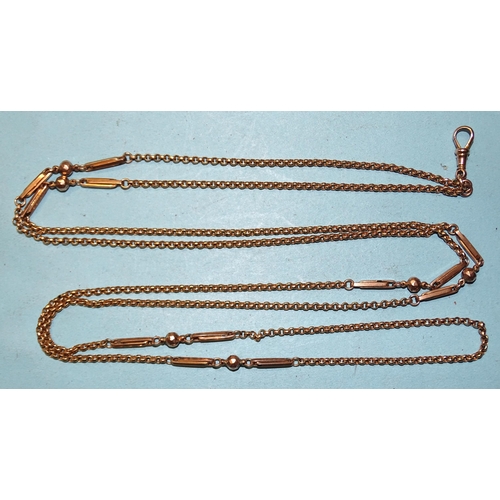 407 - A 9ct gold guard chain of belcher and fancy links, 134cm long, 21.6g.