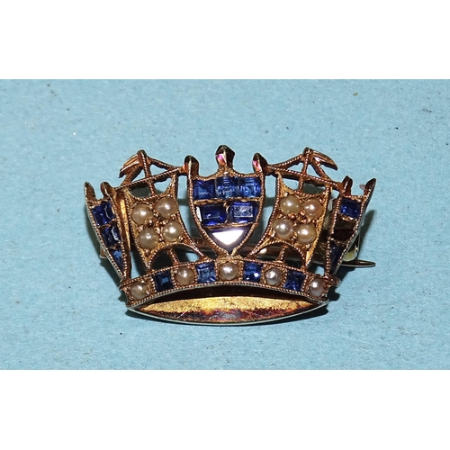 409 - A 9ct gold Royal Navy crown sweetheart brooch set seed pearls and sapphires, (one missing), maker JW... 