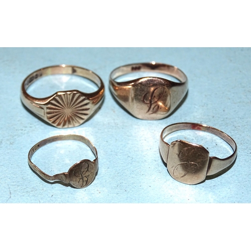 411 - Four 9ct gold signet rings, sizes D-N, 6.4g.