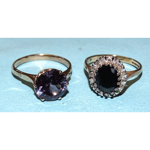 416 - A 9ct gold ring set oval sapphire and white stones, size M, 2.7g and another 9ct gold ring set synth... 