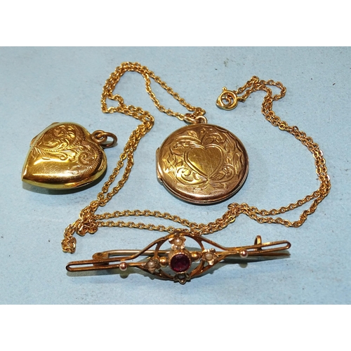 439 - Two 9ct gold lockets, a 9ct gold chain, 46cm and a 9ct gold bar brooch set garnet and pearls, (boxed... 