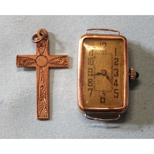 442 - A 9ct gold rectangular-cased wrist watch, (working), case 2.3g and a 9ct gold cross pendant, 1.3g, (... 