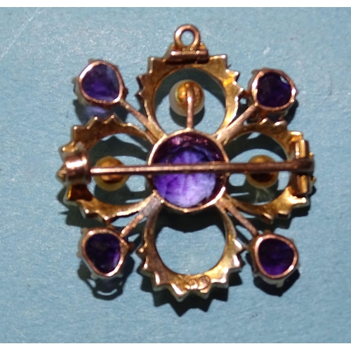 453 - An Edwardian 9ct gold brooch of quatrefoil form set amethysts and pearls, (one pearl and setting mis... 