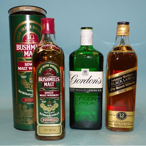 462 - Bushmills, 10-year-old single malt, 75cl, 40% vol, one bottle, in sleeve, also Johnnie Walker Black ... 