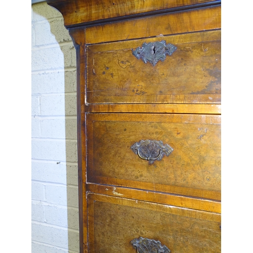 69 - A reconstructed and re-veneered partly-18th-century walnut crossbanded chest on chest, the cornice a... 