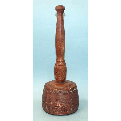 88 - A 19th century olive wood Masonic maul, profusely-carved with Masonic symbols, the base with later p... 