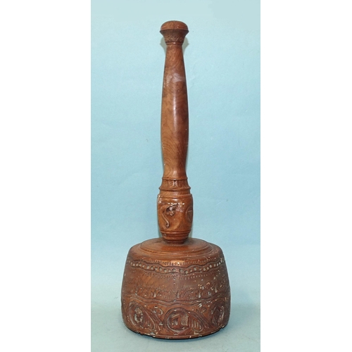 88 - A 19th century olive wood Masonic maul, profusely-carved with Masonic symbols, the base with later p... 