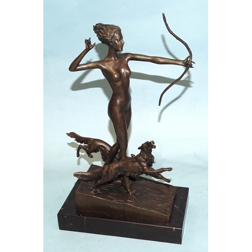 93 - After Lorenzl, an Art Deco-style bronze of Artemis modelled as a nude female figure holding a bow, w... 