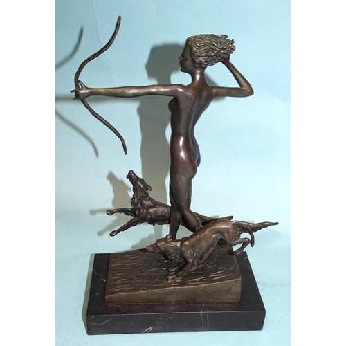 93 - After Lorenzl, an Art Deco-style bronze of Artemis modelled as a nude female figure holding a bow, w... 