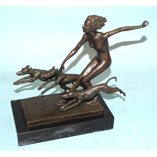 93 - After Lorenzl, an Art Deco-style bronze of Artemis modelled as a nude female figure holding a bow, w... 