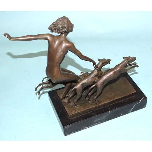 93 - After Lorenzl, an Art Deco-style bronze of Artemis modelled as a nude female figure holding a bow, w... 