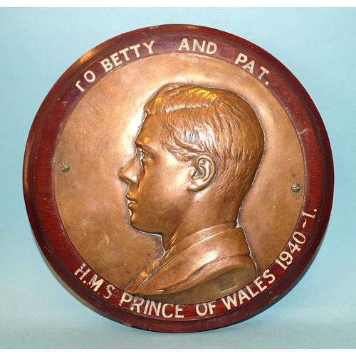 98 - A bronze cameograph mounted on a mahogany plaque, with painted inscription To Betty and Pat, HM... 