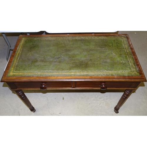 67 - A 19th century mahogany side table inset leather writing surface and two frieze drawers, on turned l... 