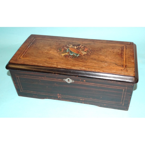 77 - A Swiss rosewood case musical box, (comb damaged), 36cm overall.