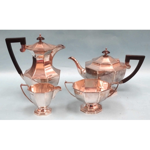 146 - A George V silver four-piece tea service of octagonal form by Walker & Hall, comprising teapot, ... 