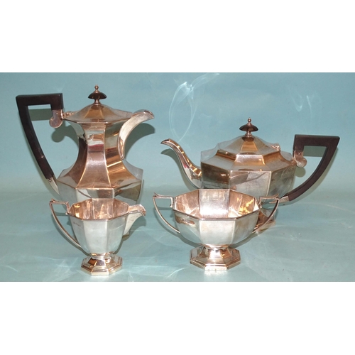 146 - A George V silver four-piece tea service of octagonal form by Walker & Hall, comprising teapot, ... 