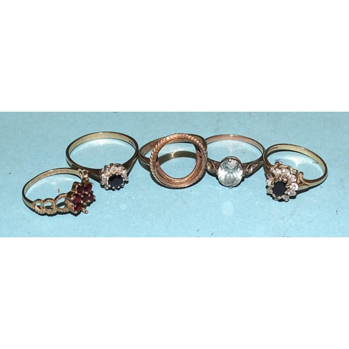 383 - Five various gem-set 9ct gold rings, all with vacant settings, 10g.