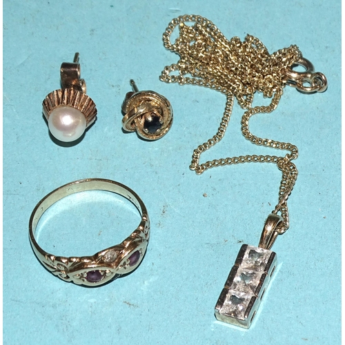 396 - An unmarked gold gem-set ring, size K, a synthetic white stone pendant, (on 9ct gold neck chain) and... 