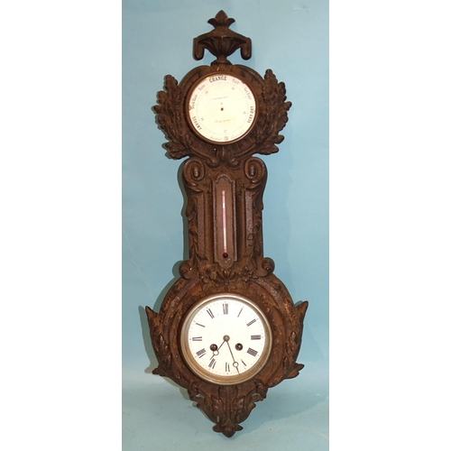 47 - A Victorian hanging clock, barometer and thermometer, with foliate cast-iron case, 65cm high, 25cm w... 