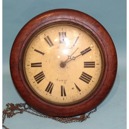 49 - A circular wall clock with walnut frame, painted dial signed M. Matt, Cardiff, with simple chain-dri... 