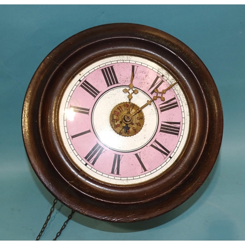 49 - A circular wall clock with walnut frame, painted dial signed M. Matt, Cardiff, with simple chain-dri... 