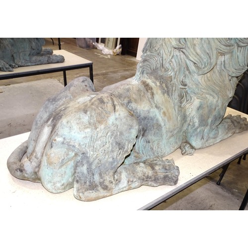 86 - An impressive and large pair of cast metal and coppered lions, each recumbent lion with open mouth, ... 