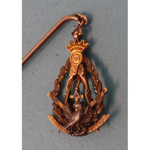 342 - A yellow and white metal pierced Rose Croix 18th Degree fob stickpin, a 33rd Degree 10ct gilt lapel ... 