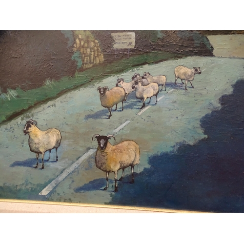 13 - Alan Clark (British, 20th century) THE ROAD TO TWO BRIDGES, DARTMOOR, WITH SHEEP Signed oil on board... 