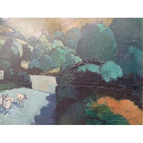 13 - Alan Clark (British, 20th century) THE ROAD TO TWO BRIDGES, DARTMOOR, WITH SHEEP Signed oil on board... 