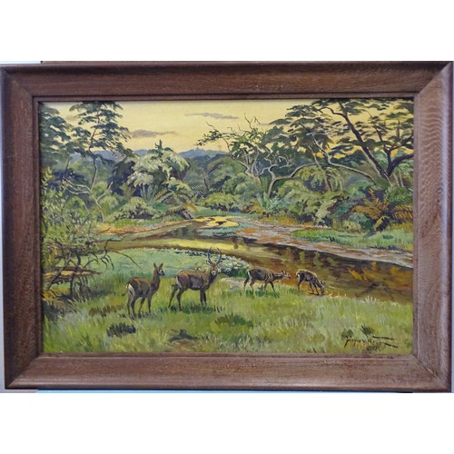 21 - Jurgen Von Wolff (1888-1975), GAZELLES BY A RIVER, oil on canvas, signed and dated 1952, 42 x 62cm a... 