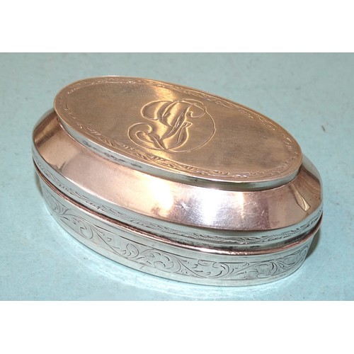 139 - An unmarked Continental oval shape white metal two-division snuff box, with double lid and engraved ... 