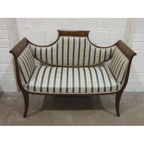 1 - An Edwardian inlaid mahogany and upholstered hall settee, 125cm wide, together with a stained wood d... 