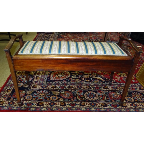 1 - An Edwardian inlaid mahogany and upholstered hall settee, 125cm wide, together with a stained wood d... 