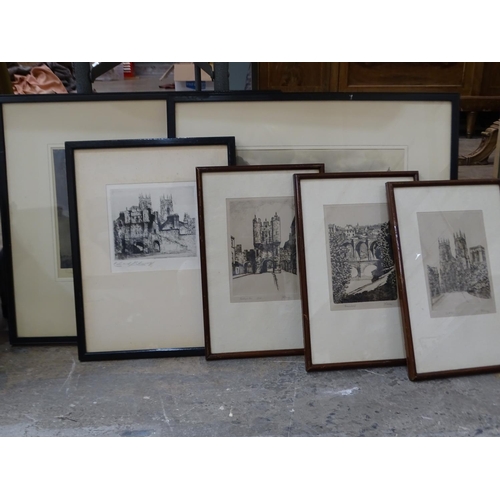 103 - After J B Carey, three engravings of York landmarks, 16.5 x 11cm, one other engraving and two signed... 