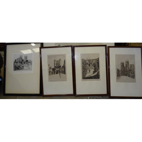 103 - After J B Carey, three engravings of York landmarks, 16.5 x 11cm, one other engraving and two signed... 